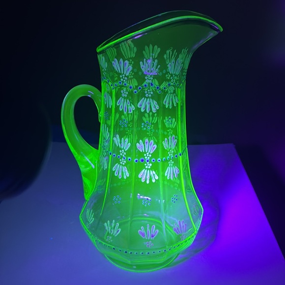 Pitcher tall hand painted uranium glass paneled 11.5” tall